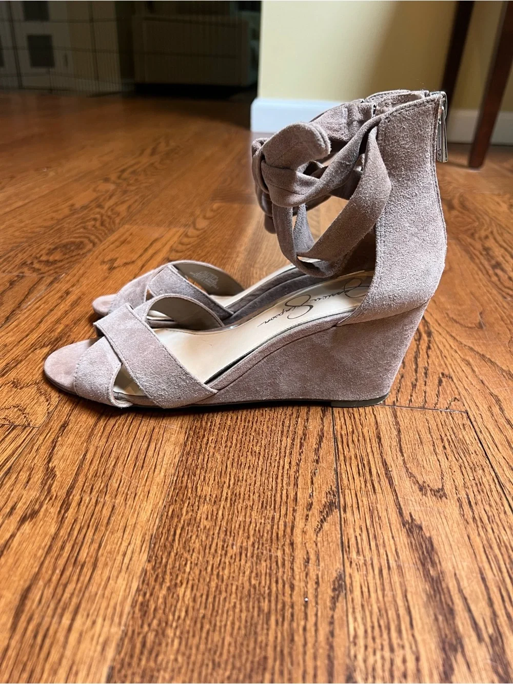 Jessica Simpson Taupe Suede Crisscross Ankle Tie Wedge Sandals